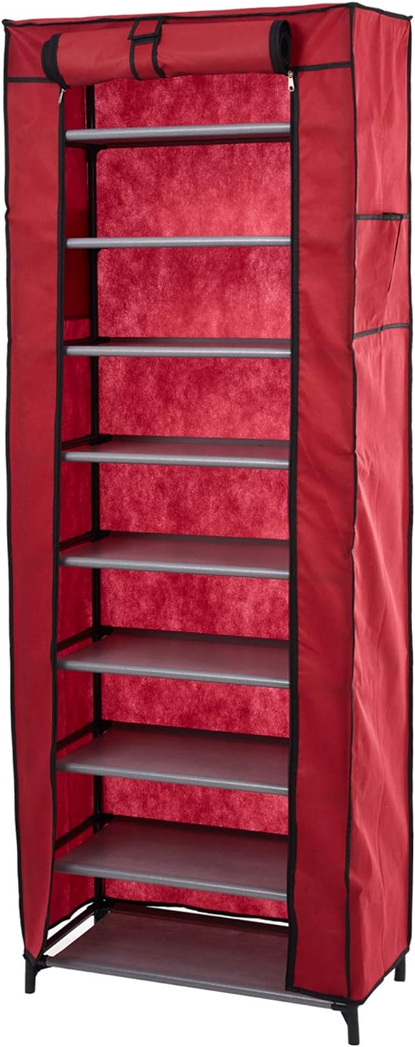 10 Tiers Shoe Rack with Dustproof Cover Shoes Storage Cabinet Boot Organizer Red