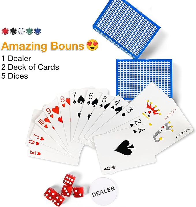300 PCS Poker Chips Set  with Case for Texas Holdem Gambling Blackjack 1 Dealer Buttons, 2 Decks