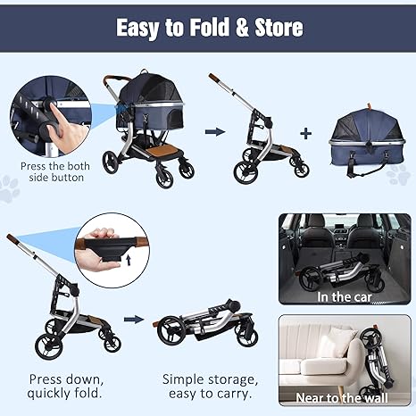 Multifunction Pet Stroller with Detachable Carrier & Cup Holder Foldable Aluminum Alloy Frame