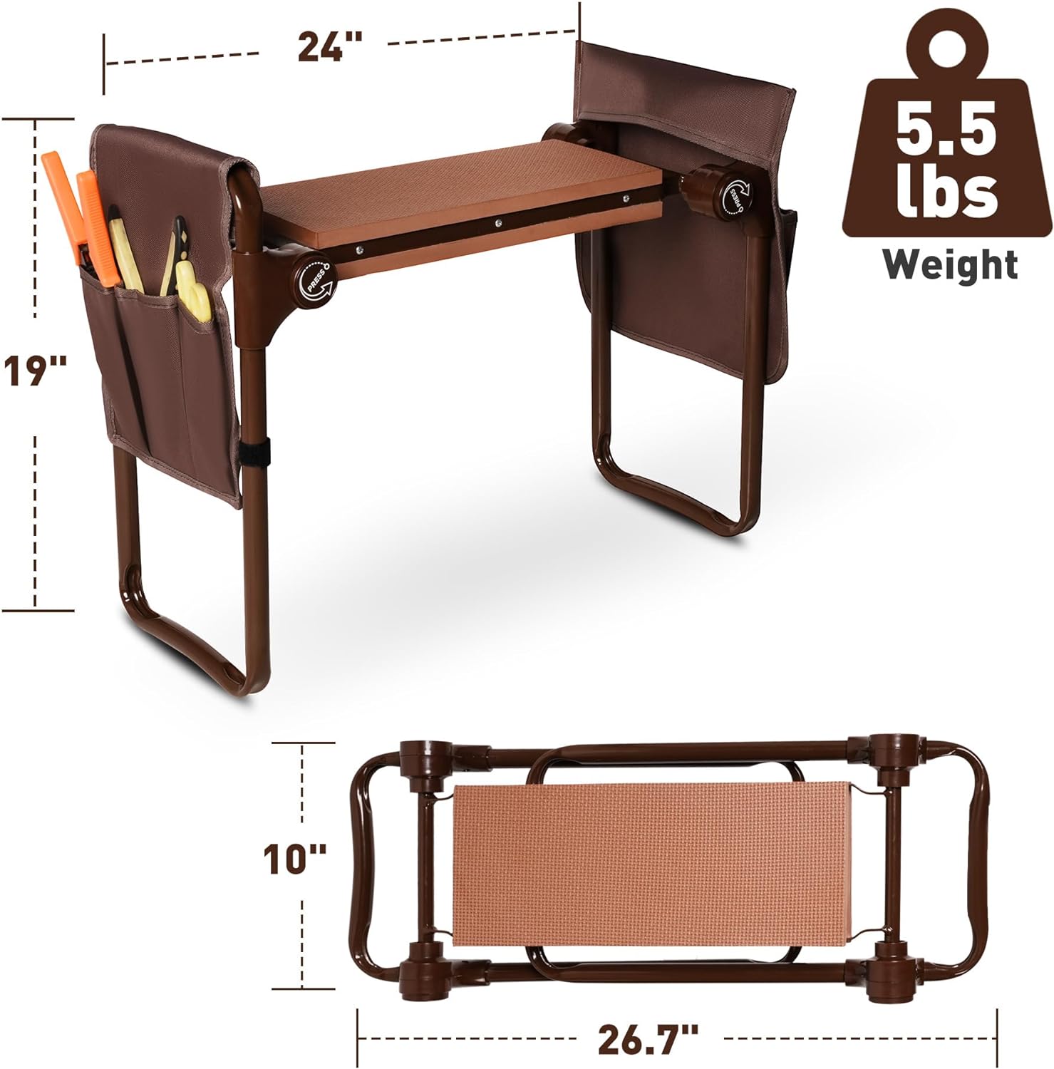 Garden Kneeler and Seat Bench, Heavy Duty Lightweight Garden Stool with 2 Tool Pouches