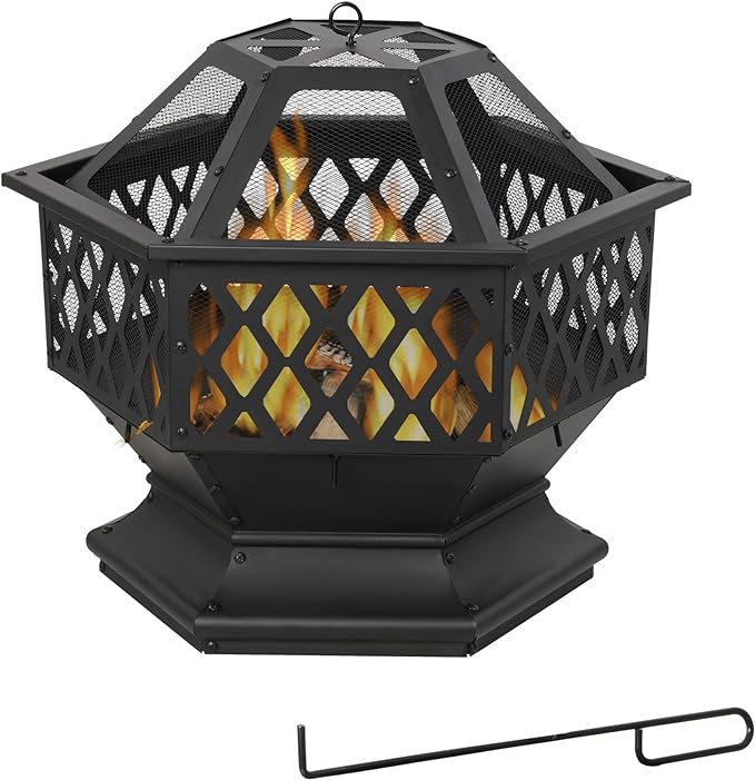 Outdoor Wood Burning Hexagon Fire Pit with Steel,Wood Grate for Patio, Spark Screen, Black