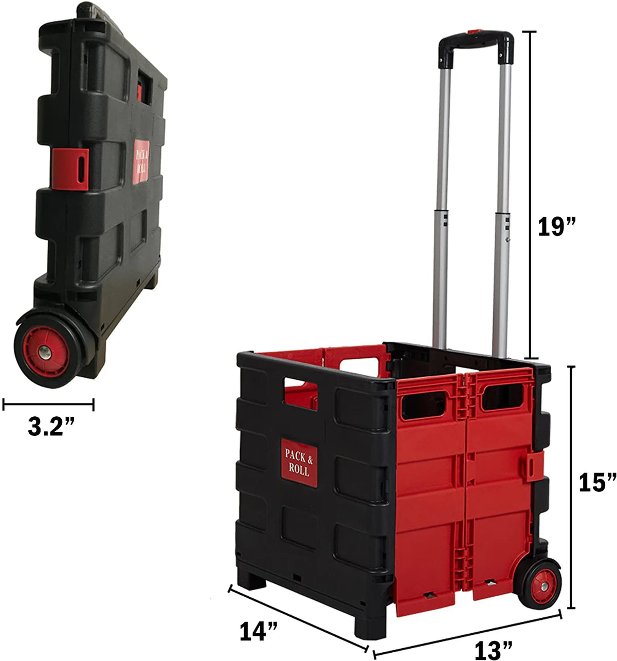 6PCS 44L Collapsible Rolling Crate Utility Cart Foldable Grocery Cart with Wheels, Red