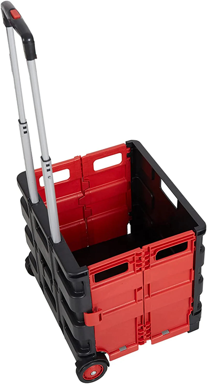 6PCS 44L Collapsible Rolling Crate Utility Cart Foldable Grocery Cart with Wheels, Red