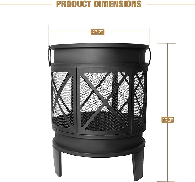 Outdoor Wood Burning Barrel Fire Pit with Steel, Wood Grate for Patio, Spark Screen, Black