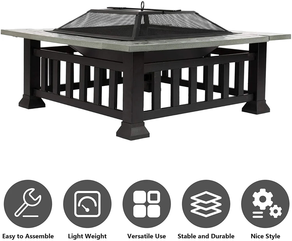 32  Outdoor Square Fire Pits Patio 4 in 1 Fire Pits for Heating Grilling Cooling Drinks & Food