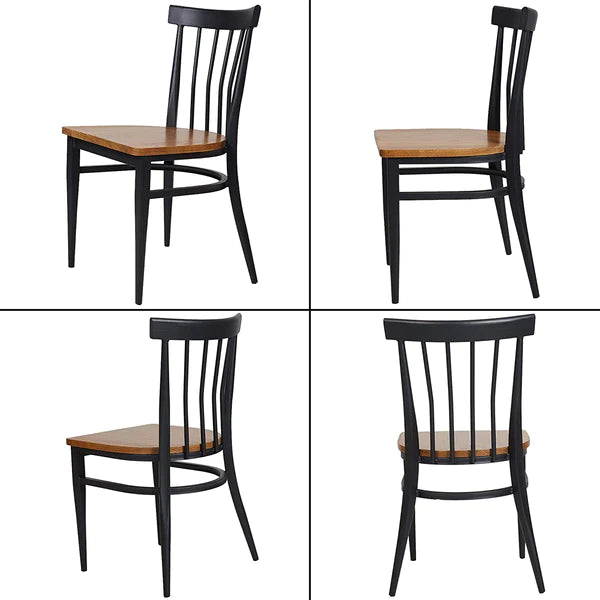 2 Set of  Dining Side Chairs Natural Wood Seat Iron Frame Kitchen Chairs, Comb Back Black