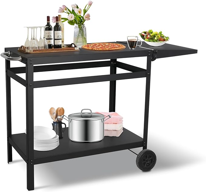 Portable Double-Shelf Dining Cart with Wheels, Carry Handle, Foldable Side Table, Pizza Oven Table