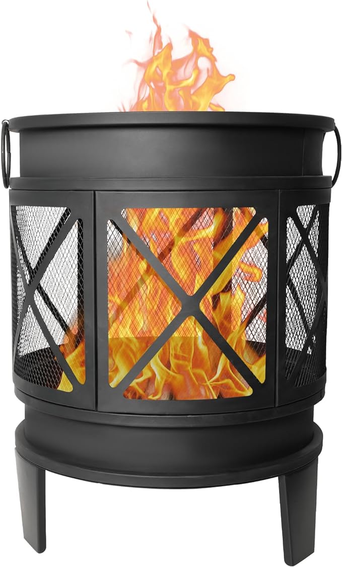 Outdoor Wood Burning Barrel Fire Pit with Steel, Wood Grate for Patio, Spark Screen, Black