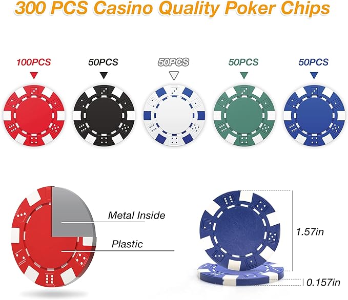 300 PCS Poker Chips Set  with Case for Texas Holdem Gambling Blackjack 1 Dealer Buttons, 2 Decks