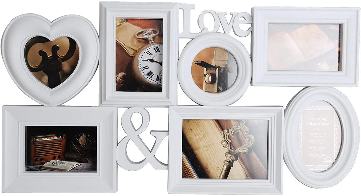 Collage Photo Frame Home Room Gallery Decor Wall Hanging Picture Frame Tree Type 4 Openings with 1 Clock, 4x6 7x5 Photo, White