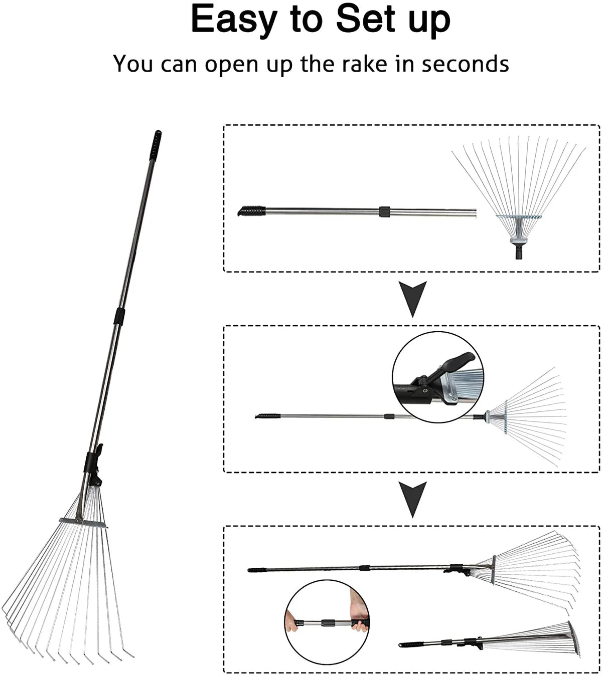 Rakes for Lawns Extension Pole Telescopic Metal Rake Garden Rake Leaf Rake for Quick Clean Up of Yard and Garden