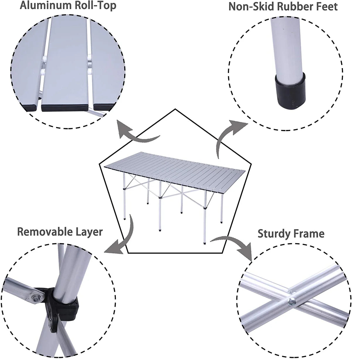 Outdoor Portable Camping Table for 4-6 Roll Top Aluminum Table Lightweight Folding Table, 55.1"x27.6"x27.6"