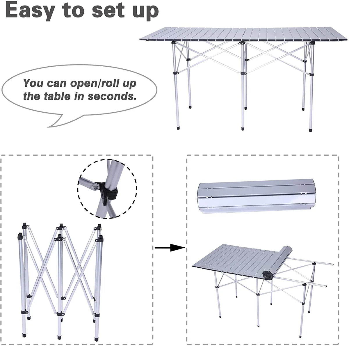 Outdoor Portable Camping Table for 4-6 Roll Top Aluminum Table Lightweight Folding Table, 55.1"x27.6"x27.6"