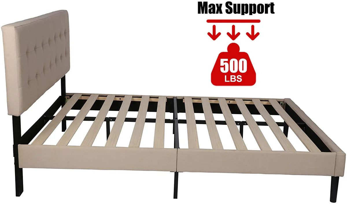 Upholstered Platform Bed Frame with Headboard Mattress Foundation with Wood Slat Support No Box Spring Needed Beige