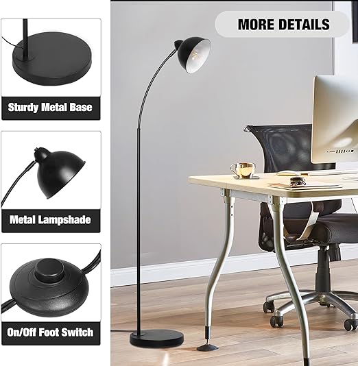 Modern Standing Floor Lamps with 8W LED Bulb, Foot Switch & Adjustable Head, Black