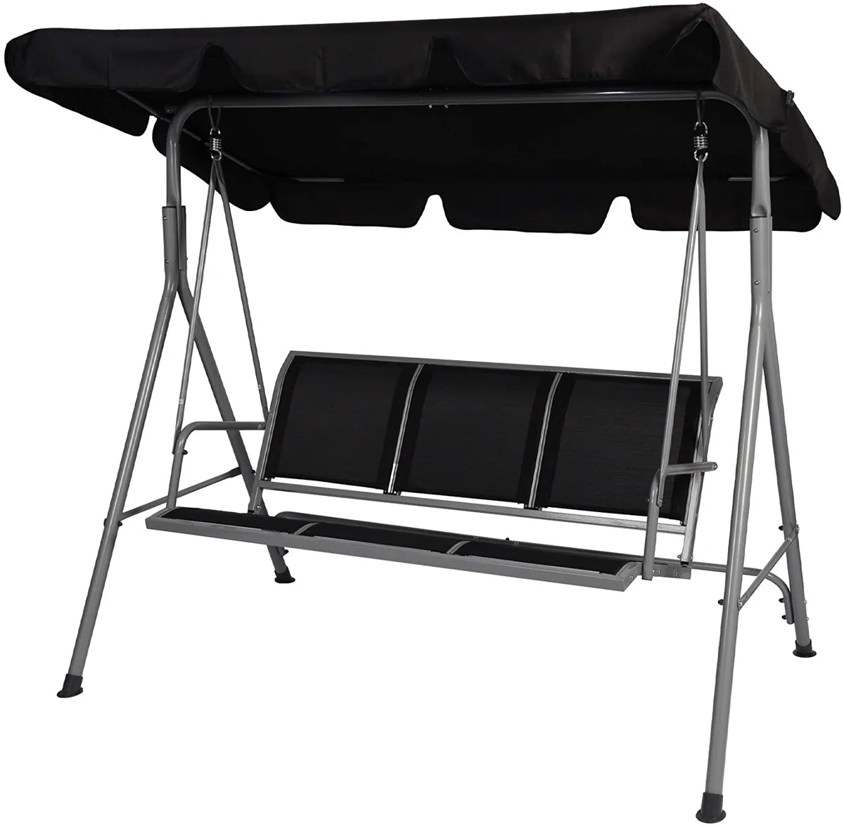 3 Person Patio Swing with Convertible Canopy-Weather Resistant Frame and Breathable Seat, Comfy Outdoor Swing Chair Bench for Porch Backyard Garden, Black