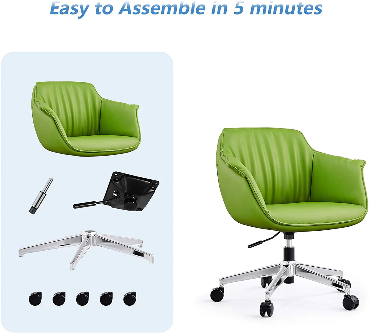 Adjustable Height Swivel PU Upholstered Modern Office Chair, Green，360° Swivel for Home & Office