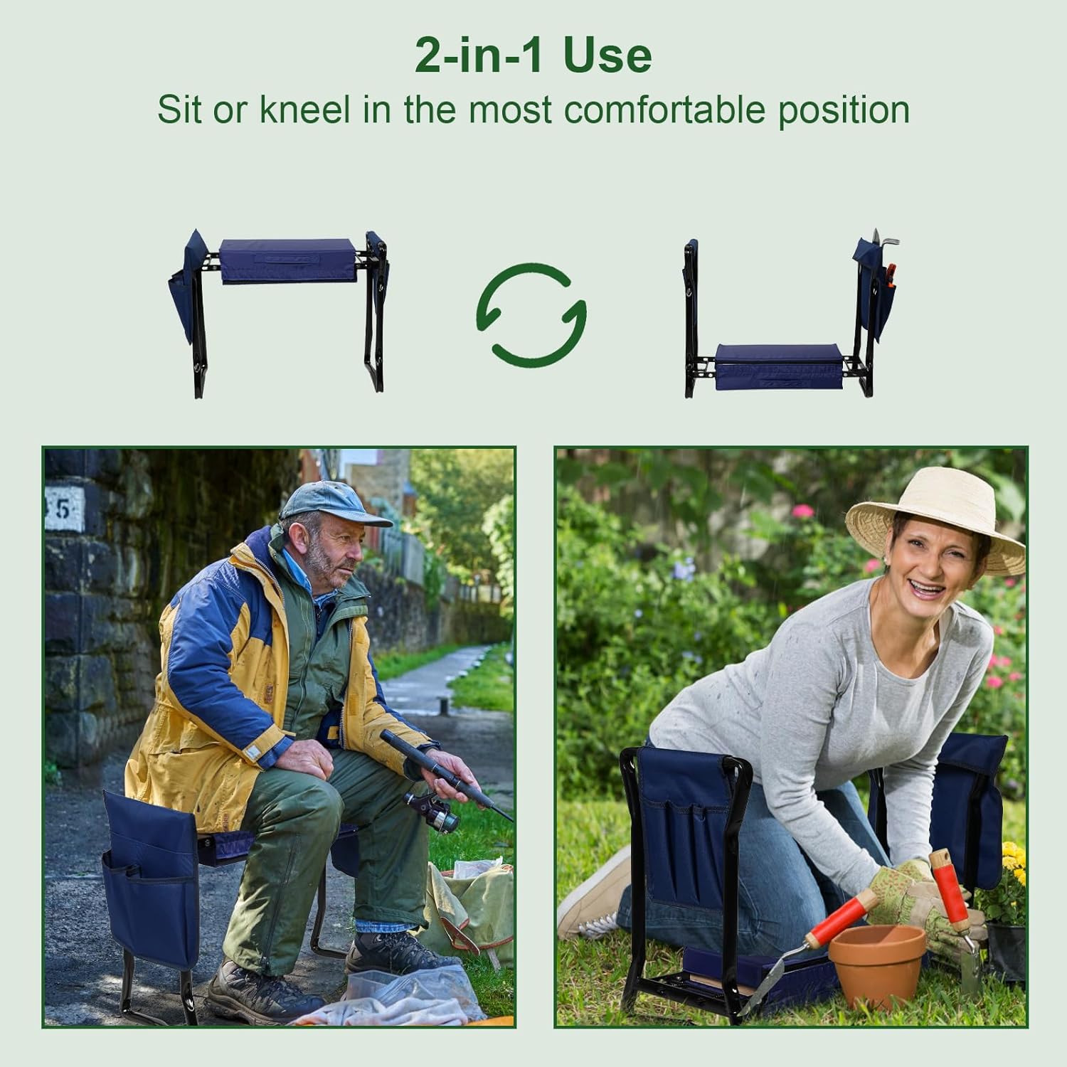 Garden Kneeler and Seat, Foldable Gardening Stool with 2 Tool Pouches and Kneeling Pad