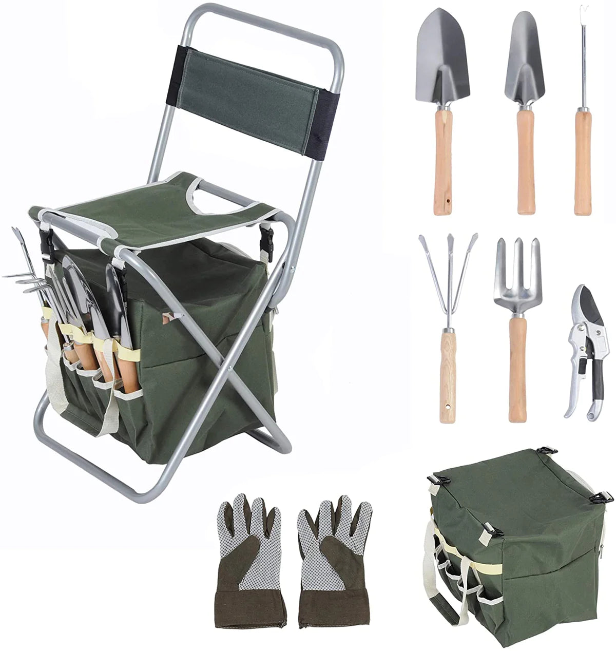 9 Piece Heavy Duty Gardening Tools with Ergonomic Wooden Handle Sturdy Stool