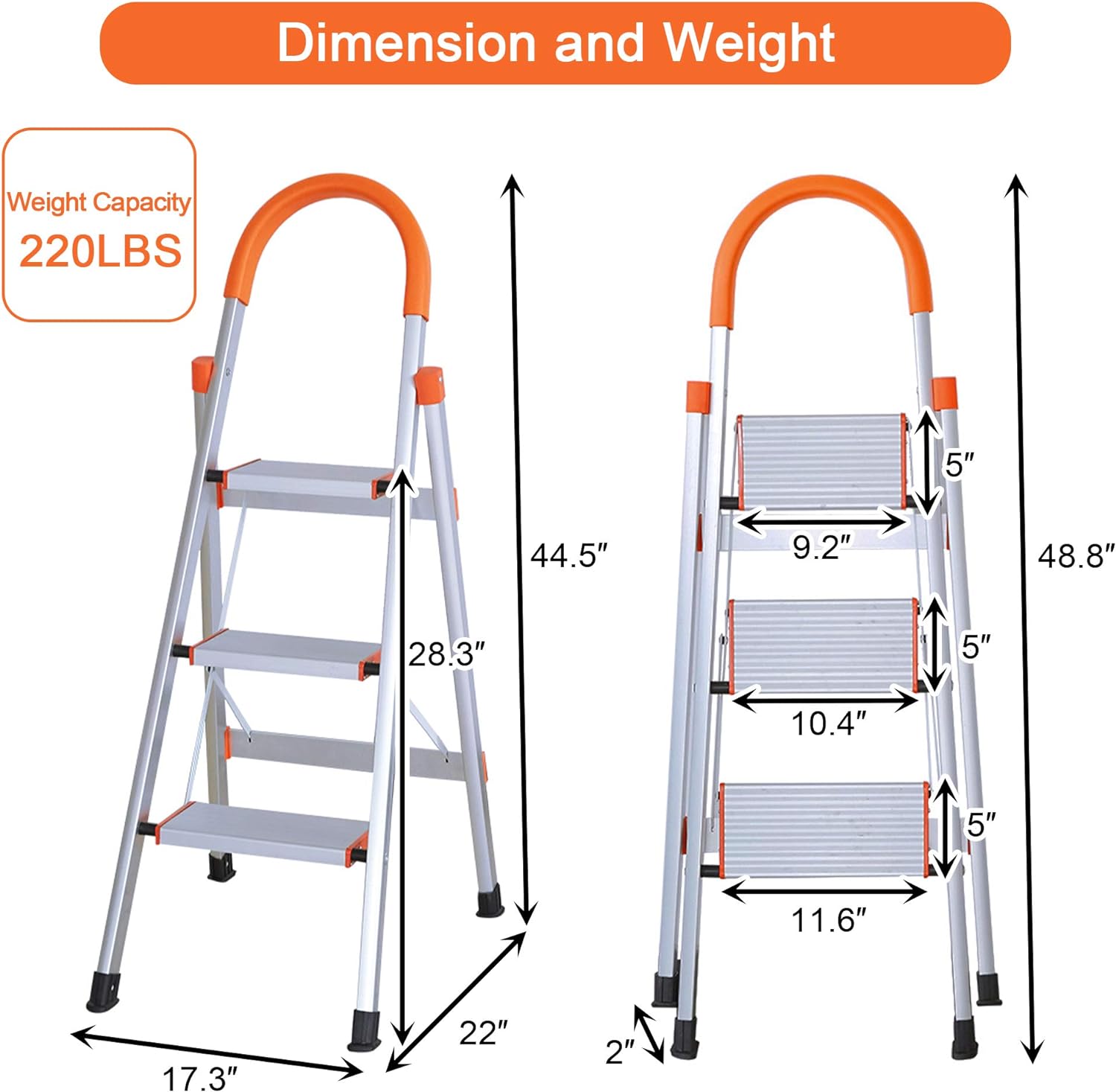 3 Step Ladder Folding Stepladder Stool Anti-Slip Pedal Aluminum Lightweight Safety Hand Grip 330 lb Capacity