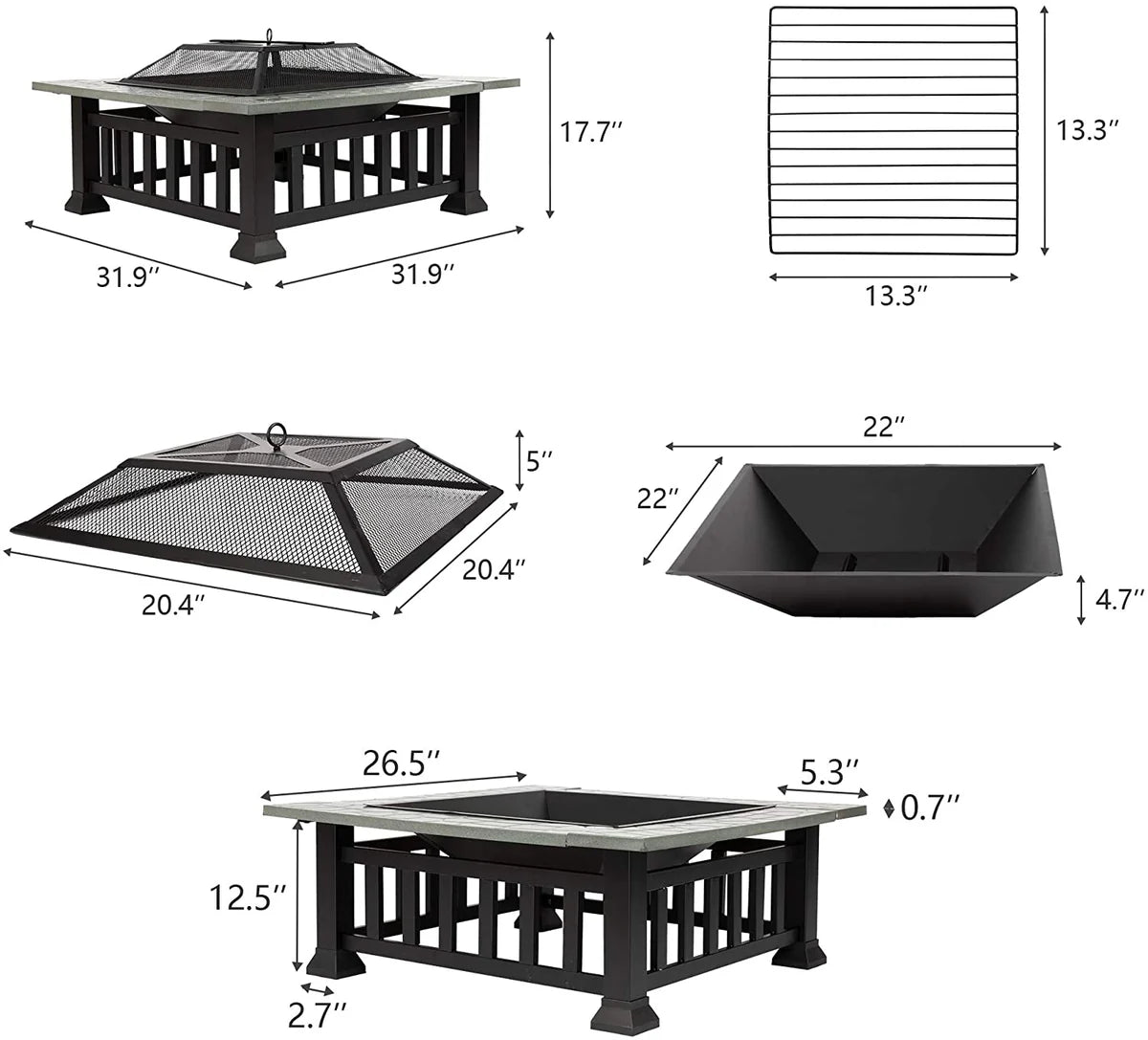 32" Outdoor Square Fire Pits Patio 4 in 1 Fire Pits for Heating Grilling Cooling Drinks & Food