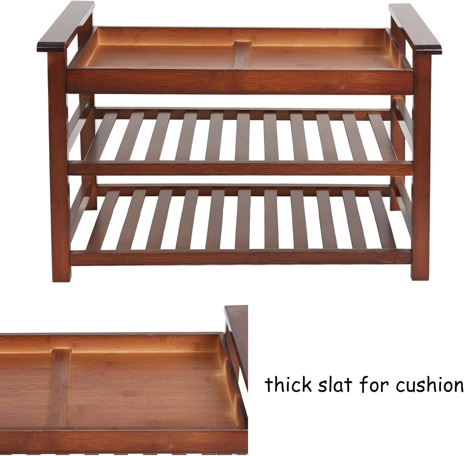 2-Tier Shoe Rack Bench with Cushion Shoe Storage Sturdy Bamboo Seat