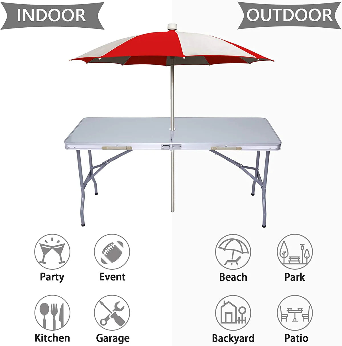 Portable Folding Camping Table 5 Ft Lightweight Table Suitcase Picnic Table with Umbrella Hole