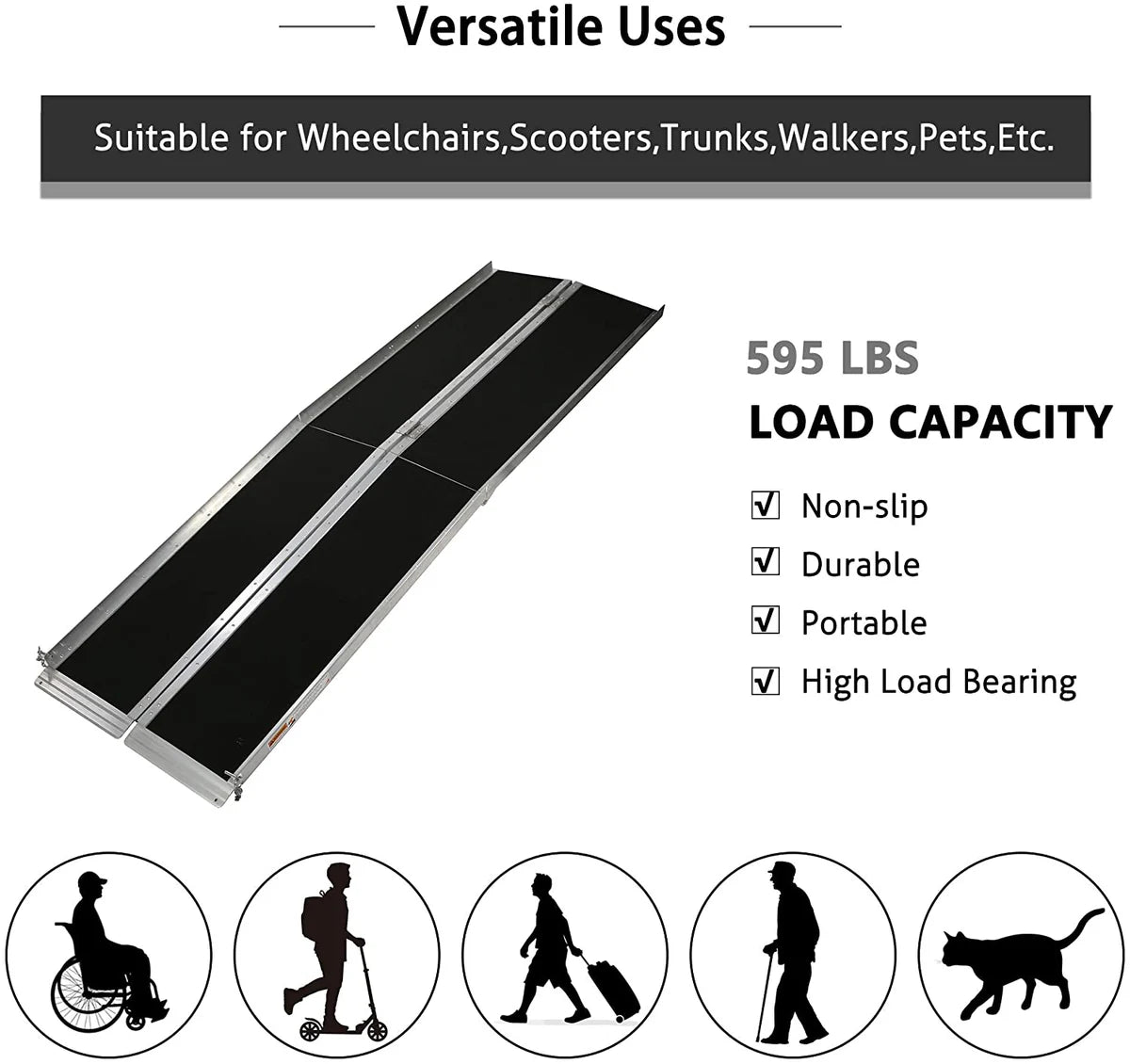8ft Portable Ramp for Wheelchair Folding Aluminum Alloy Ramp with Handle