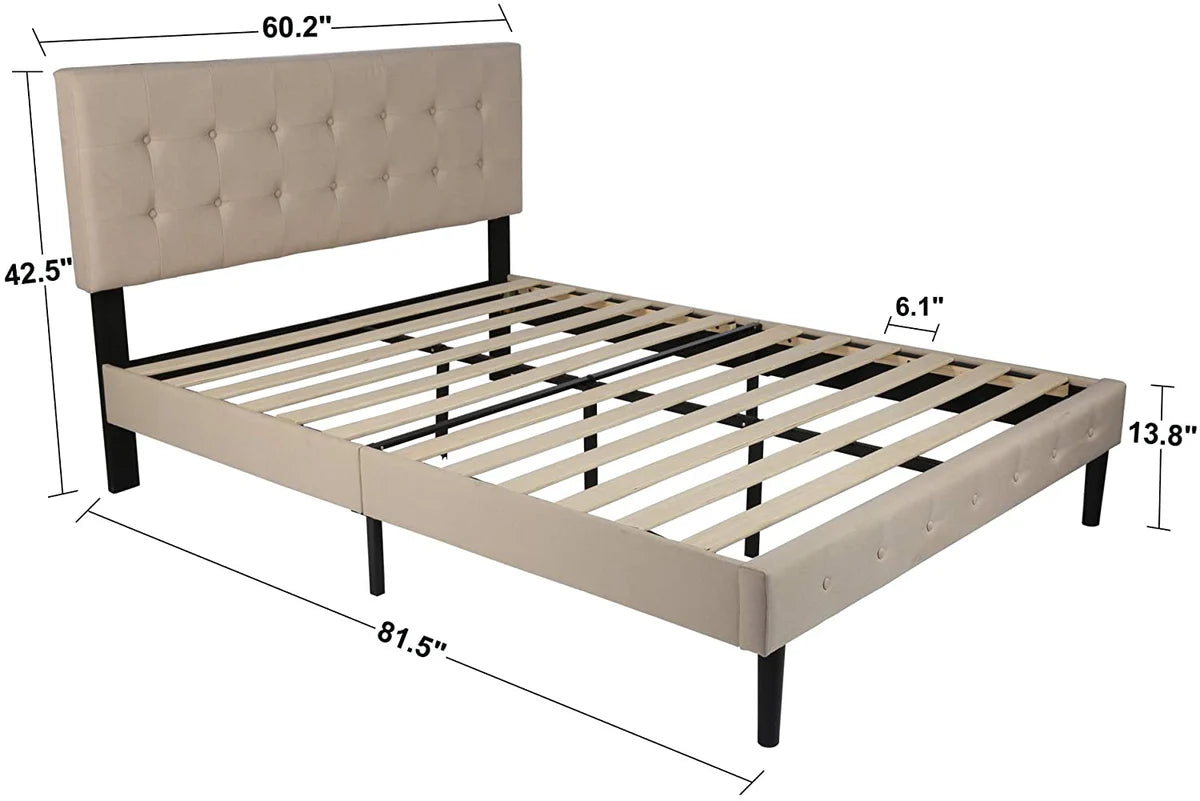 Upholstered Platform Bed Frame with Headboard Mattress Foundation with Wood Slat Support No Box Spring Needed Beige