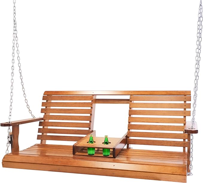 Wooden Outdoor Lounge Chair, Two-Person Swing with Folding Cup Set