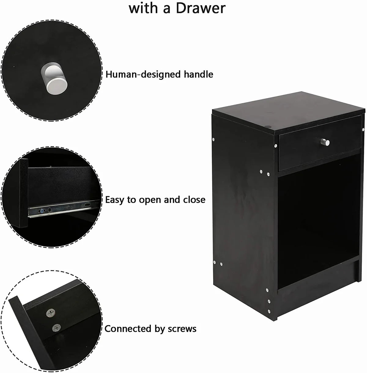 Black Nightstand End Table with Drawers Storage Shelf for Bedroom Living Room,Easy Assembly