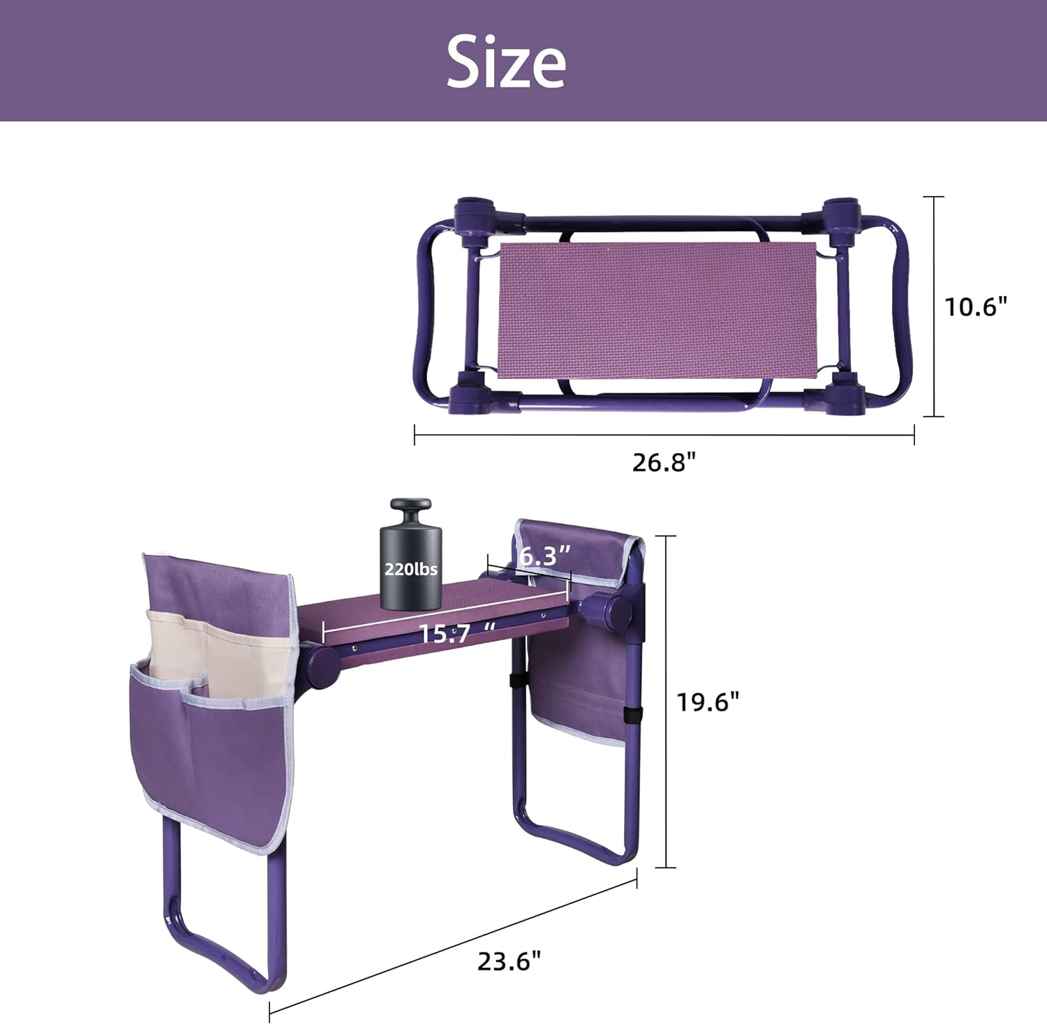 Garden Kneeler and Seat, Foldable Gardening Stool with 2 Tool Pouches, Purple | karmasfar.us