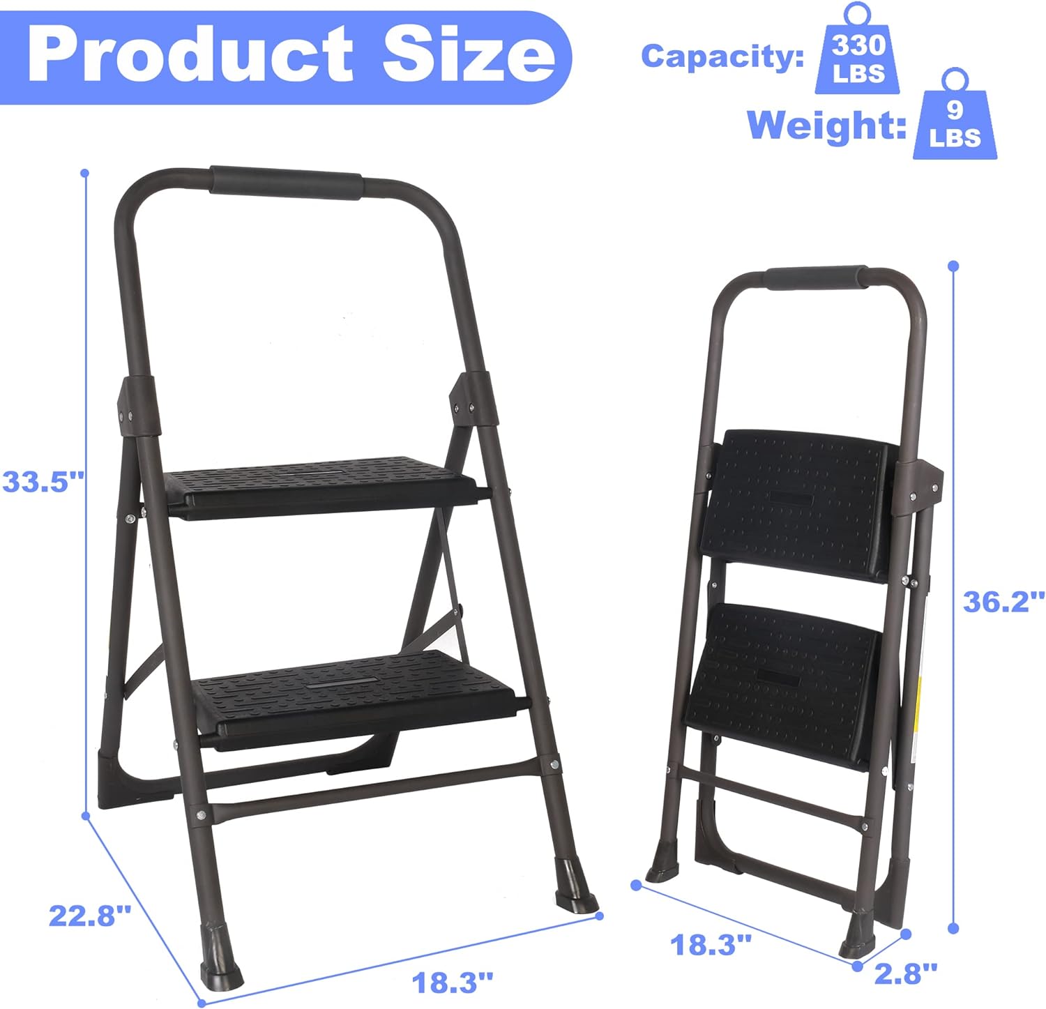 2 Step Ladder, Folding Step Stool for Adults with Handgrip Portable Lightweight Step Ladder