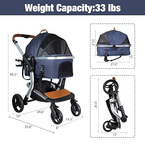 Multifunction Pet Stroller with Detachable Carrier & Cup Holder Foldable Aluminum Alloy Frame