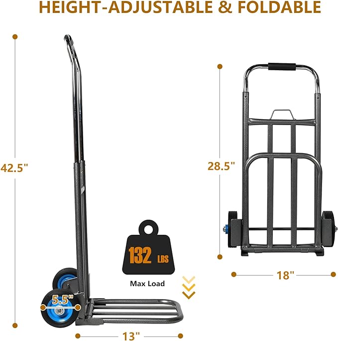 Folding Hand Truck Dolly, Luggage Trolley Cart, 132 Lb Capacity