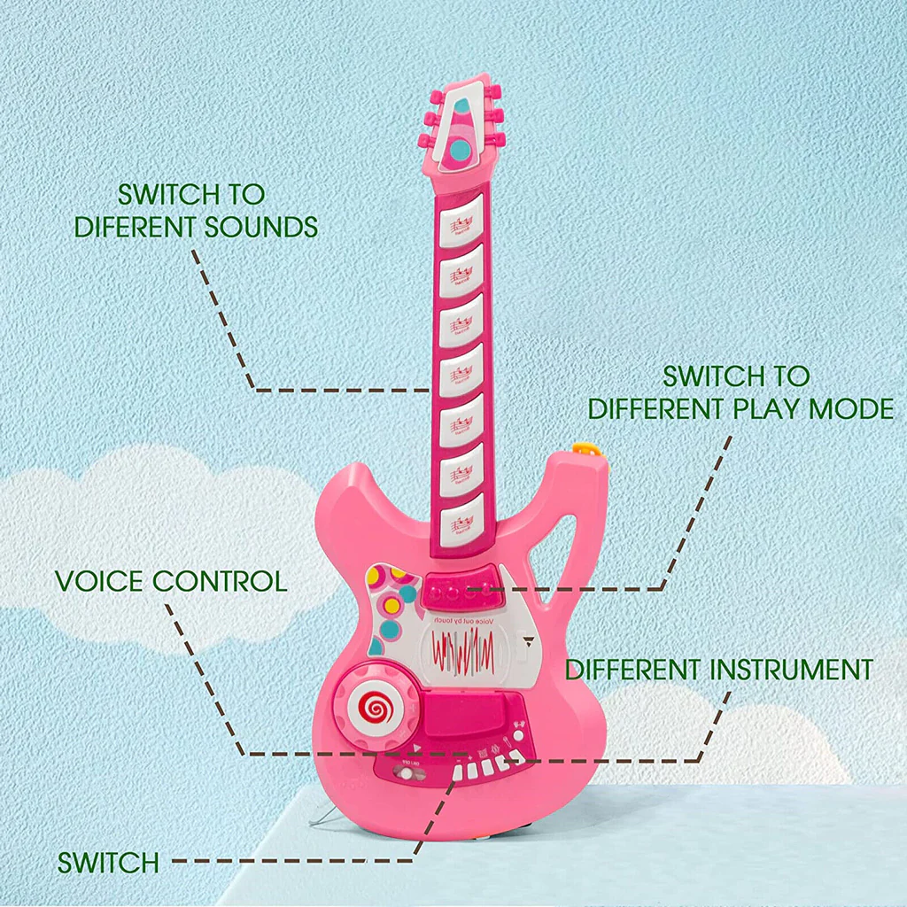 Kids Electric Guitar Beginner Kits Play Set with Microphone Speaker and Stand, Pink