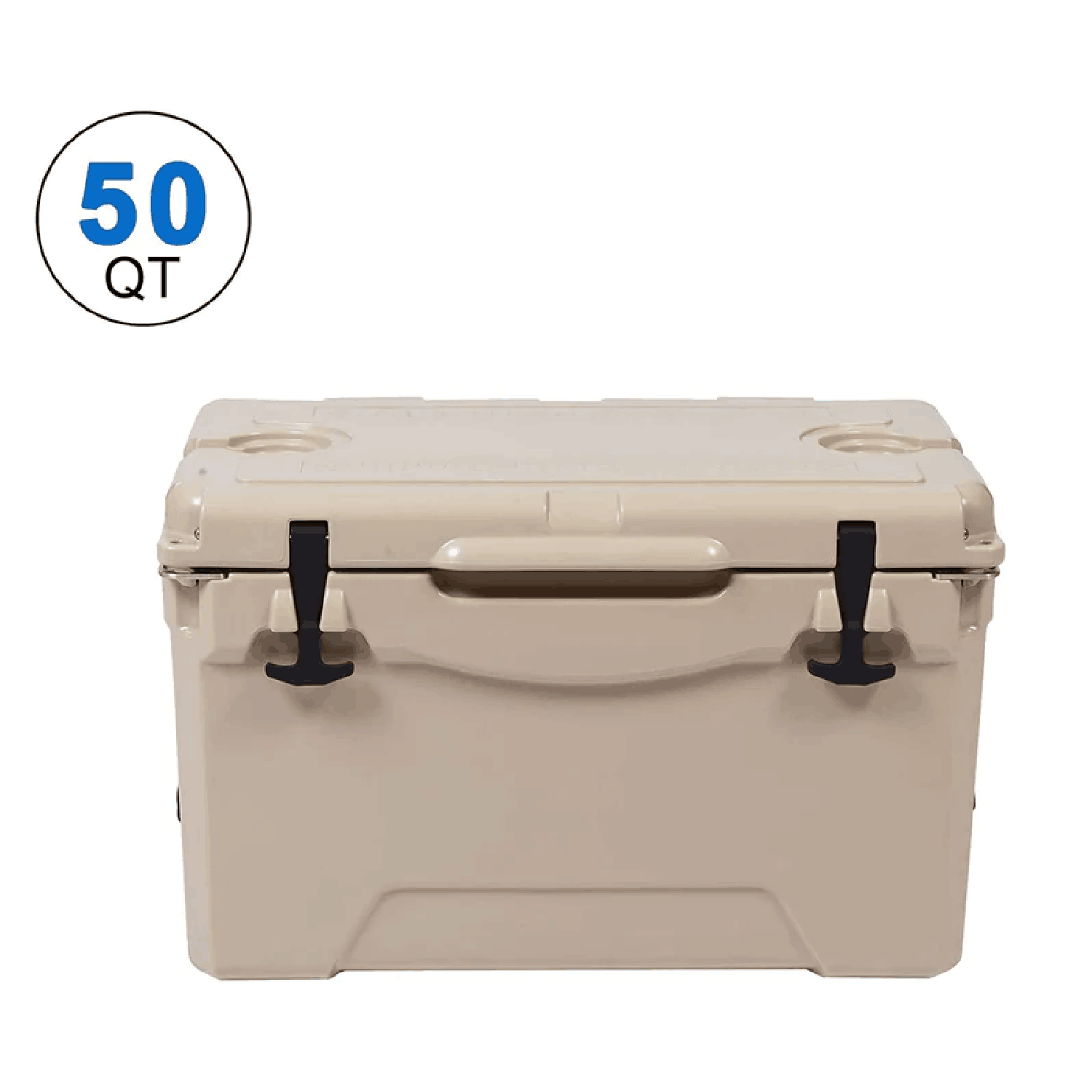 Rotomolded Cooler, 50QT Tan Cooler with Built-in Cup Holder, Bottle Openers, and Fish Ruler