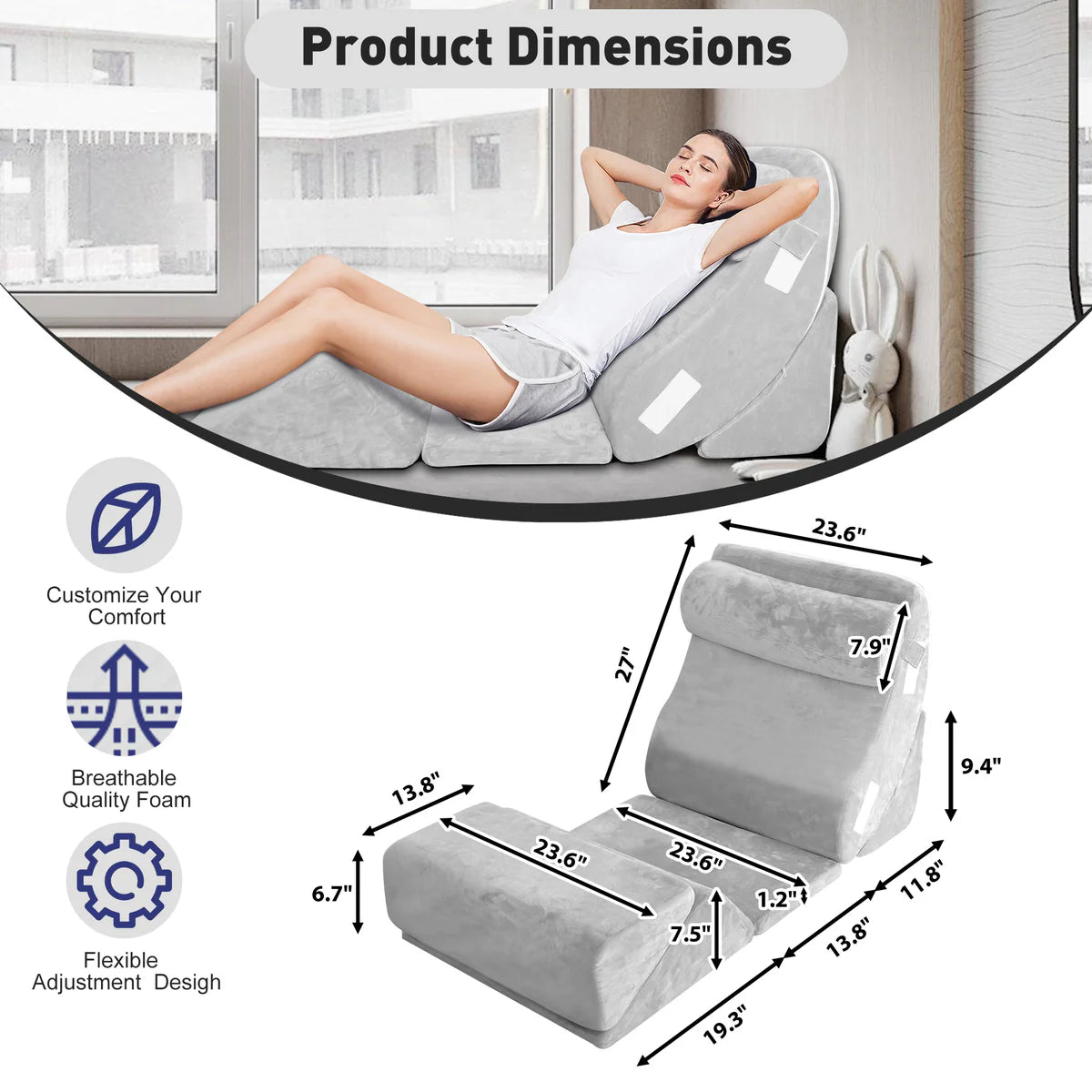 6PCS Bed Wedge Pillow Set,Adjustable Memory Foam Pillow Wedge for Back Neck Leg Pain Relief