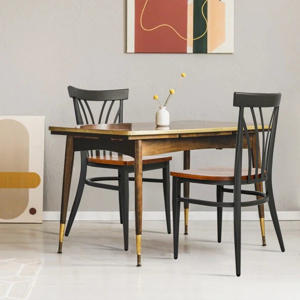 2 Set of Kitchen Dining Chairs Wood Seat with Metal Legs Fully Assembled, Curve V Back | karmasfar.us
