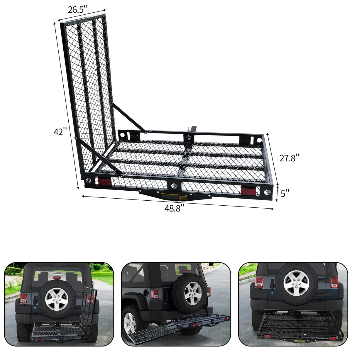 48.8"x 27.8" Hitch Mount Cargo Carrier Trailer Utility Basket with 42" Folding Wheelchair Ramp, Black