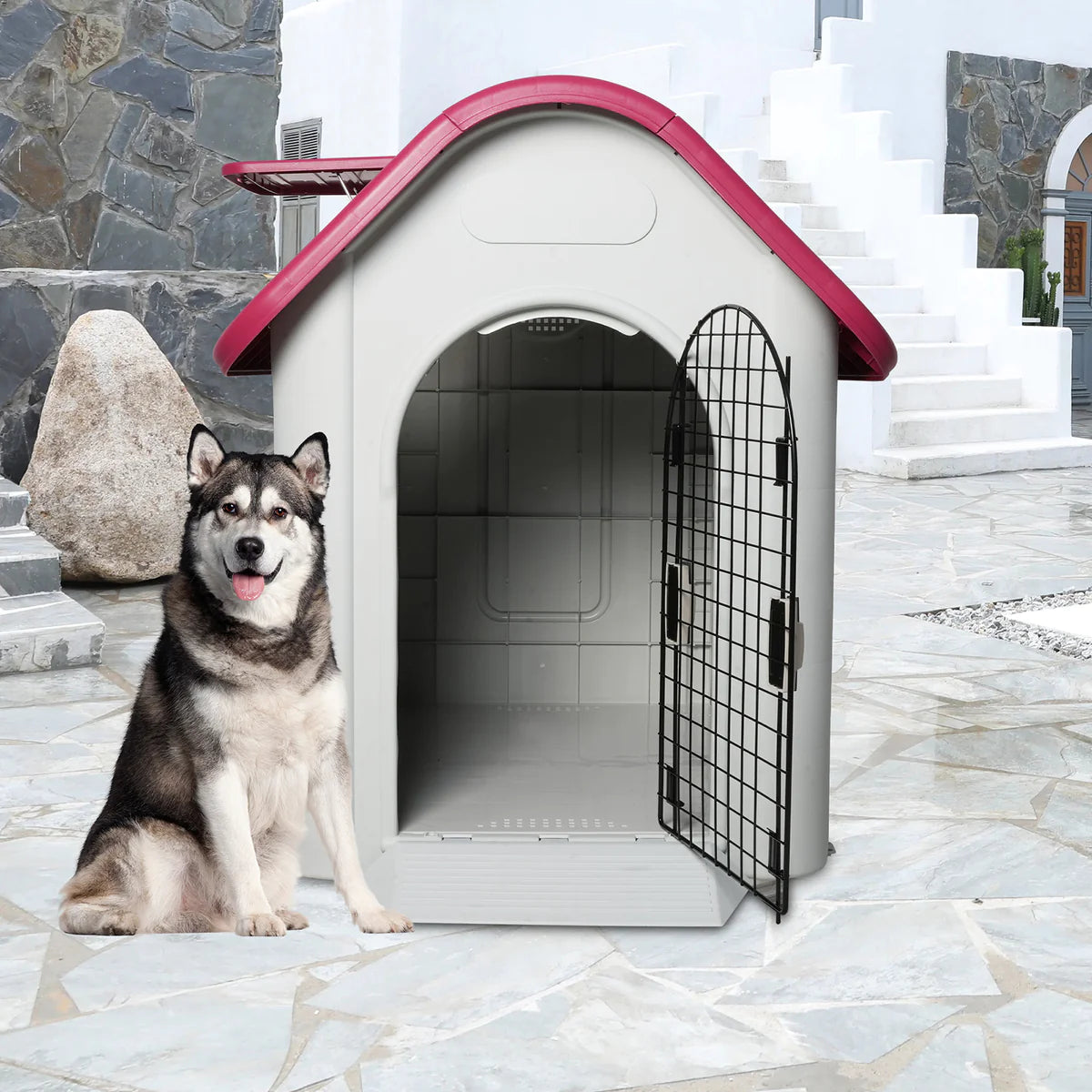 Outdoor Dog Houses Plastic Kennel with Mesh Iron Door and Air Vents, Red Proof