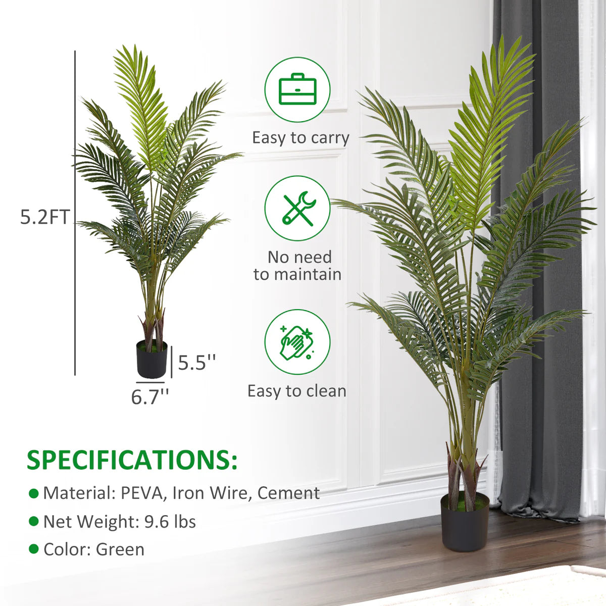 5.2ft Artificial Palm Tree Plant with 17 Decorative Leaves Faux Plant with Pot, Green