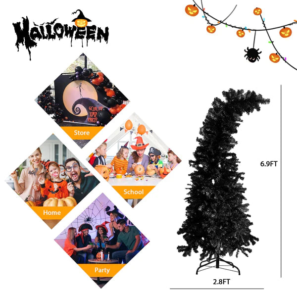 6.9' Artificial Christmas Tree Halloween Tree with 1050 Branch Tips, Crooked Top, Black