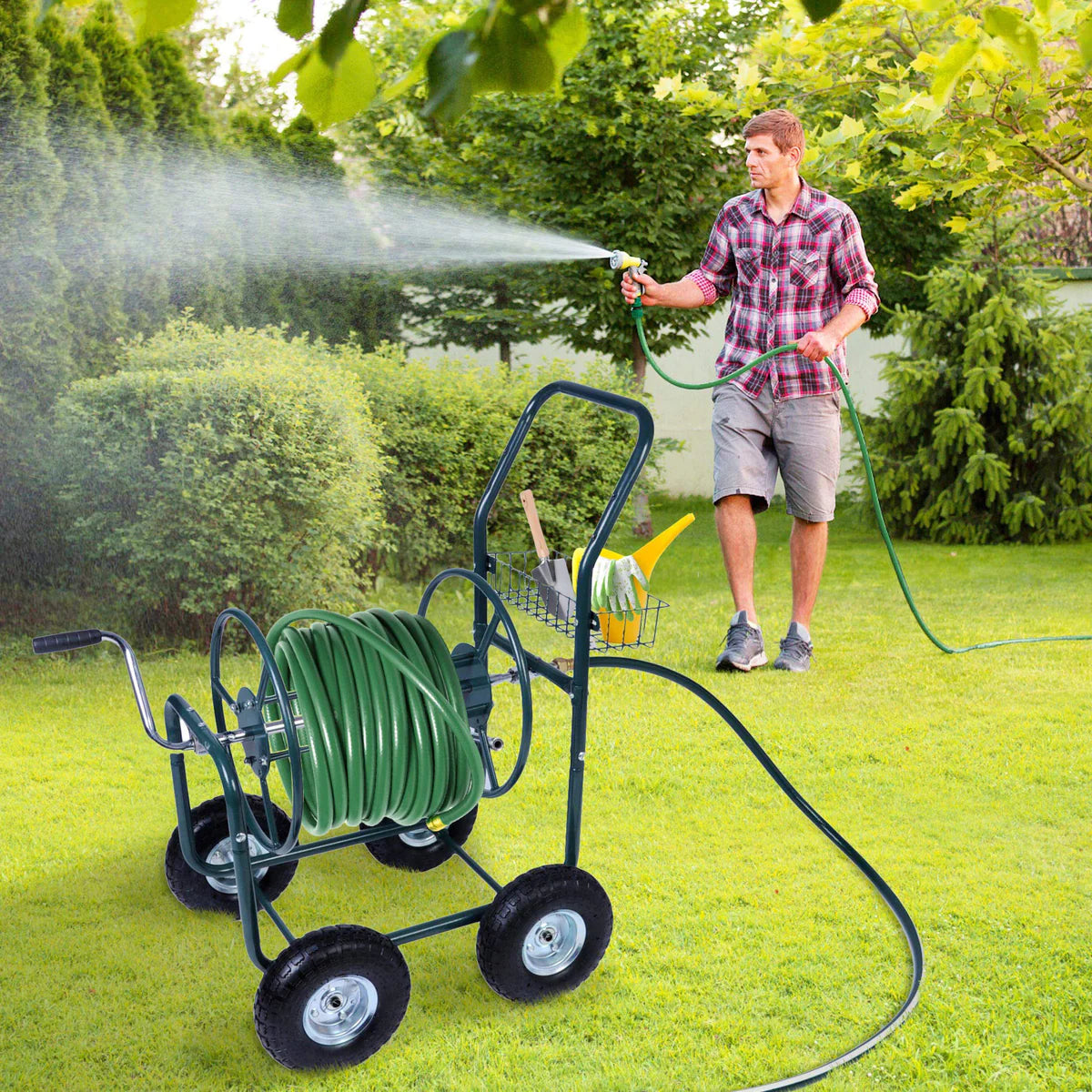 Portable Garden Hose Reel Cart with Wheels with Storage Basket Rust Resistant Water Hose Holder | karmasfar.us
