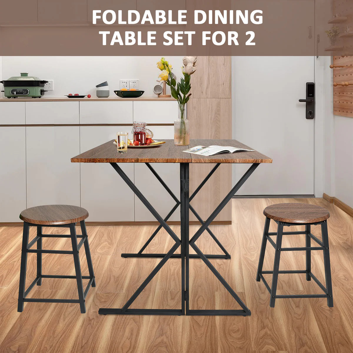 Drop Leaf Dining Table Set for Small Space, 35.4  Drop Leaf Table with 2 Stools