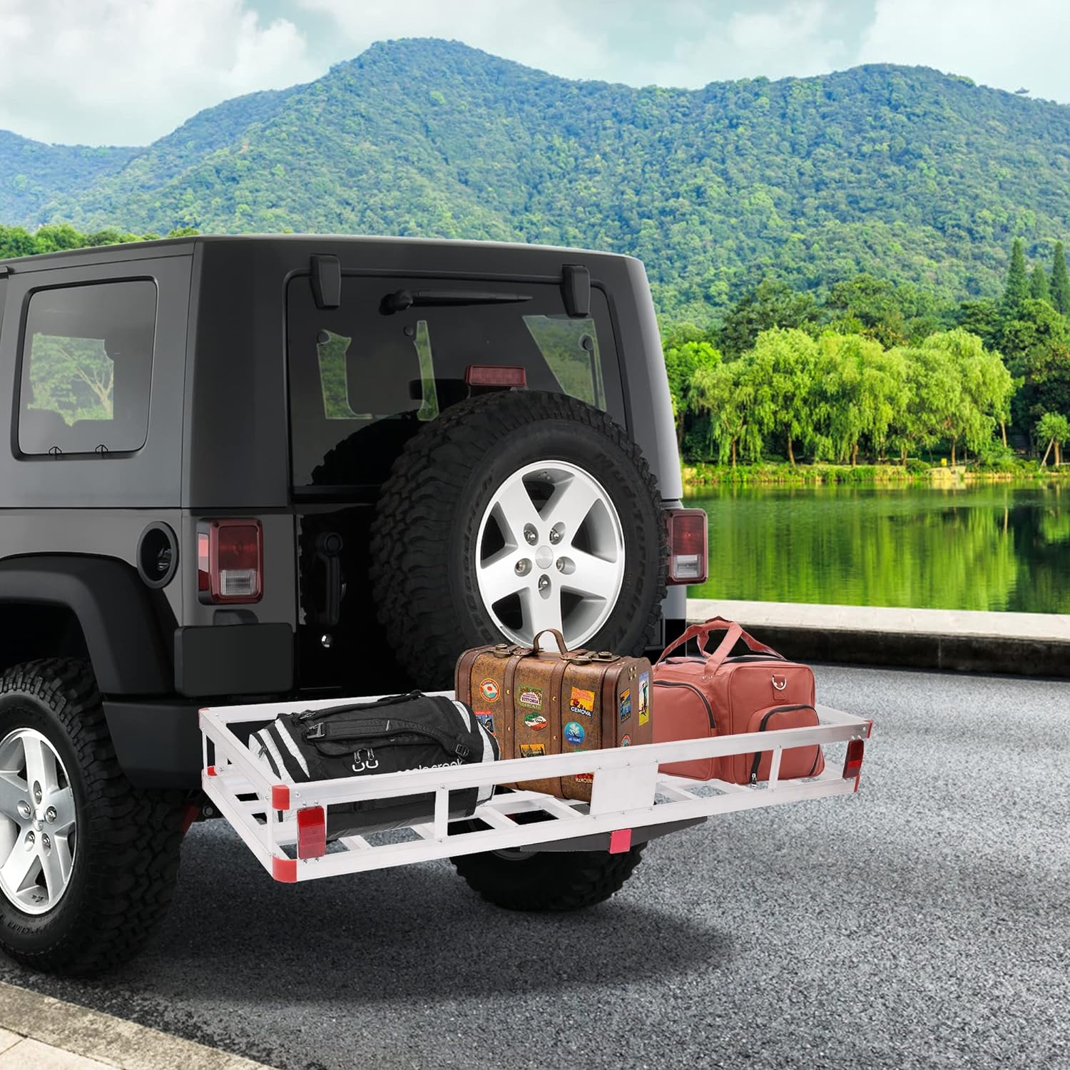 60" x 22" Aluminum Hitch Mounted Cargo Carrier, Car Back Hitch Cargo Carrier Luggage Basket Capacity Basket Trailer