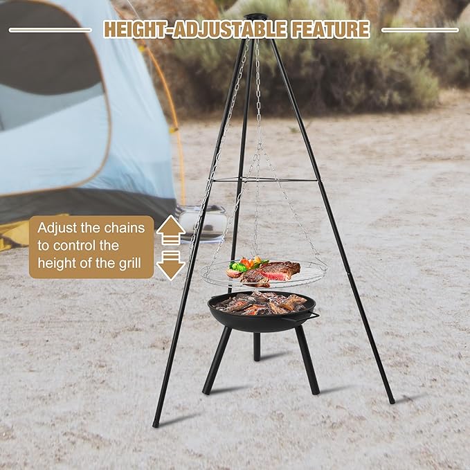 Outdoor Tripod Grill Fire Pit, Adjustable Cooking Tripod with Round Grill Grate