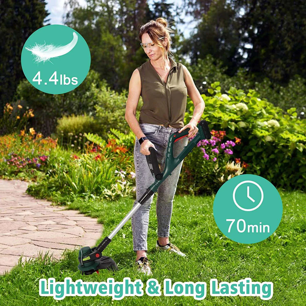 20V Cordless String Trimmer/Edger, 4.4 LBS, 70min Lithium-Ion Brushless Trimmer, yard, w/auto Feed, Extension Pole, Adjustable Head & Handle, 10  Cutting Path, 2.0Ah Battery & Charger Included