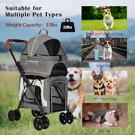 Foldable Pet Stroller, Detachable Double Dog Stroller for 2 Dogs/Cats, Portable Waterproof Pet Jogging Carrier