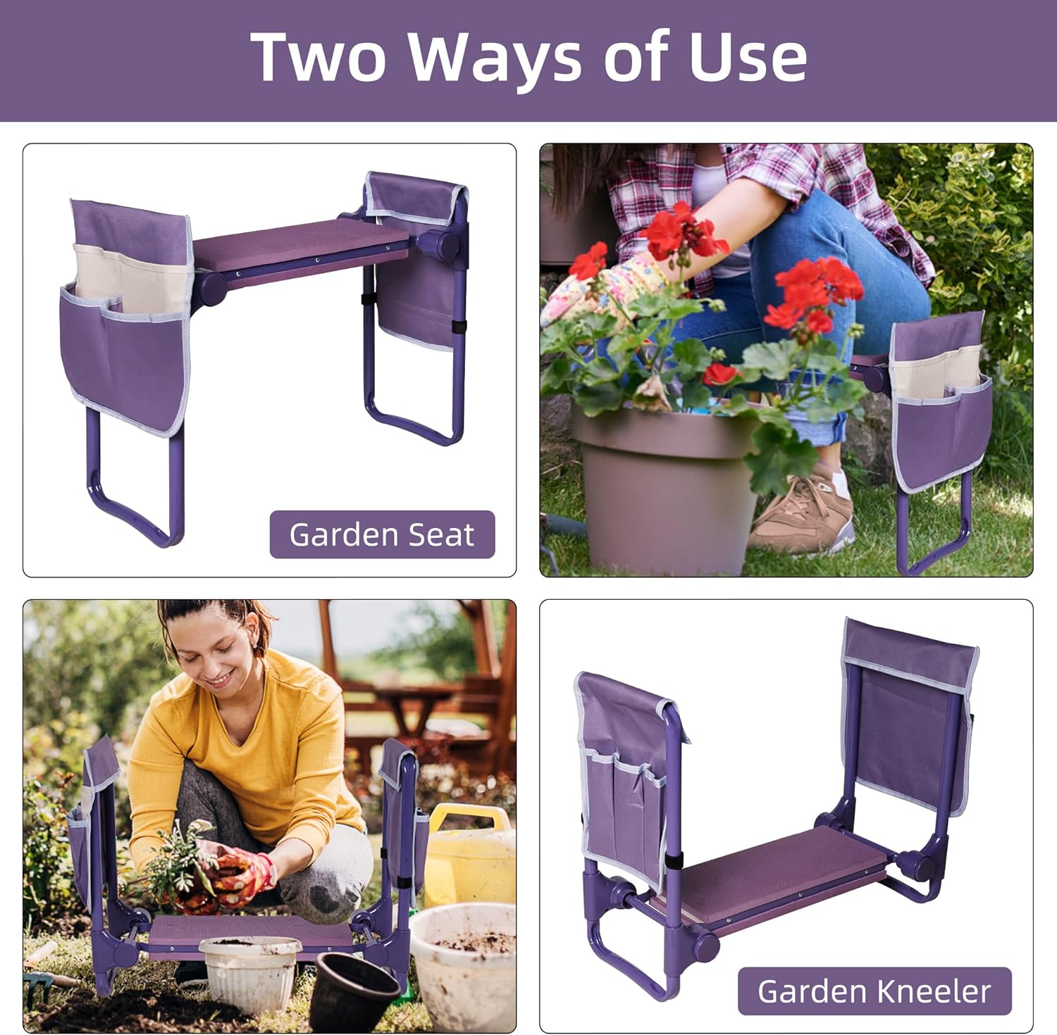 Garden Kneeler and Seat, Foldable Gardening Stool with 2 Tool Pouches, Purple | karmasfar.us